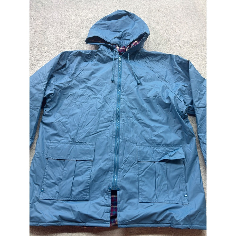 Vintage Misty Harbor Blue Plaid Lined‎ Hooded Rain Jacket Size L Waterproof